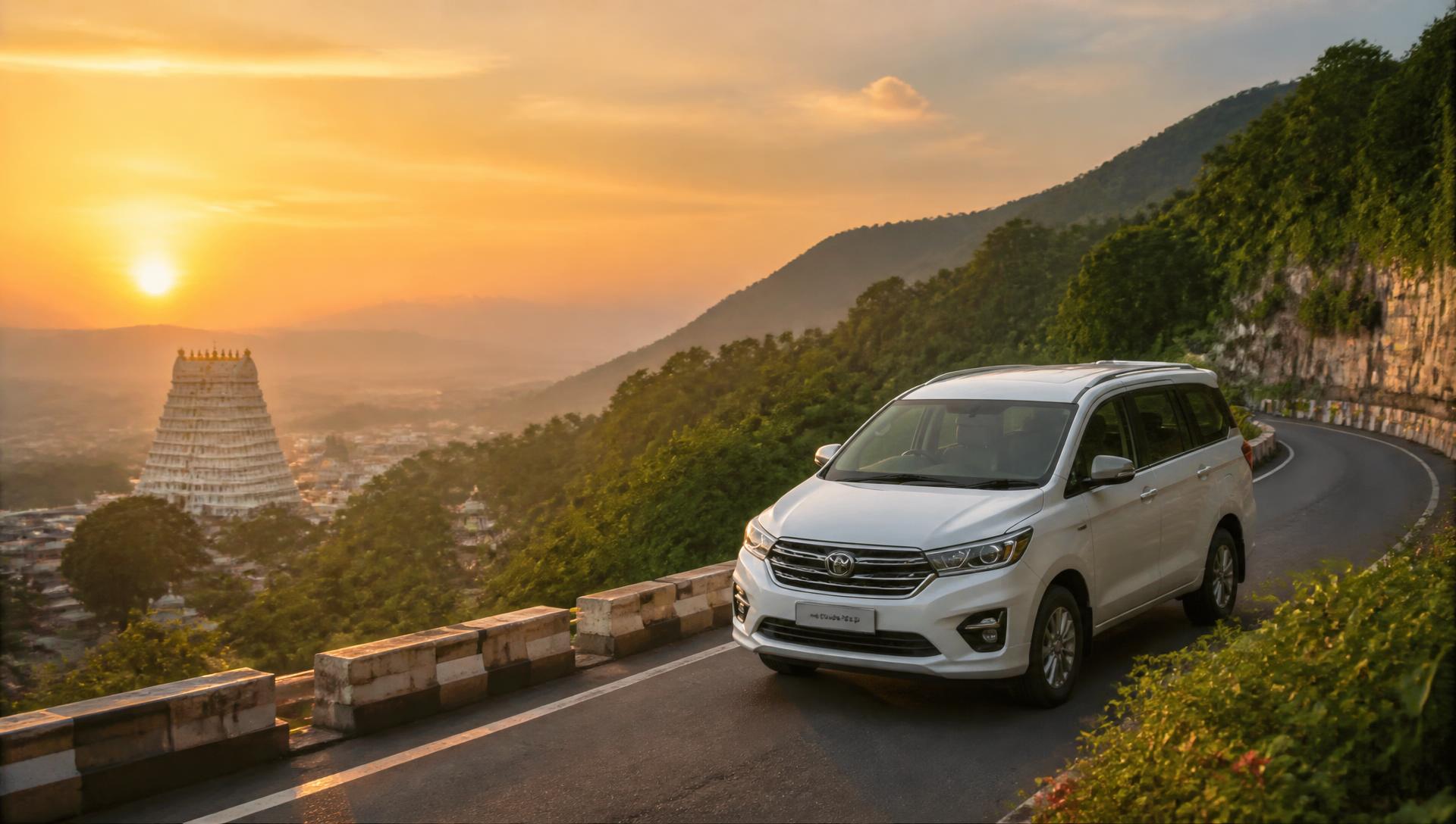 Vehicle travelling on the Tirumala ghat road at sunrise